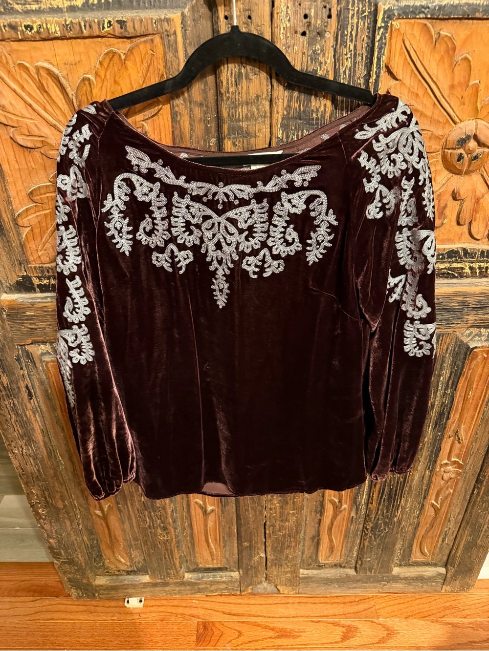 Sundance Velvet Long-Sleeve Top in Deep Wine with Silver Embroidery